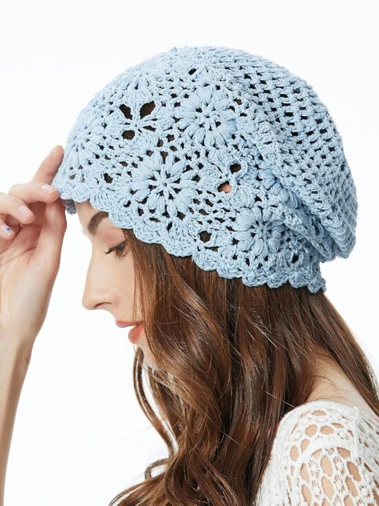 Women\'s Cotton Crochet Slouchy Beanie Hat Knit Summer Skull Cap Solid Blue
